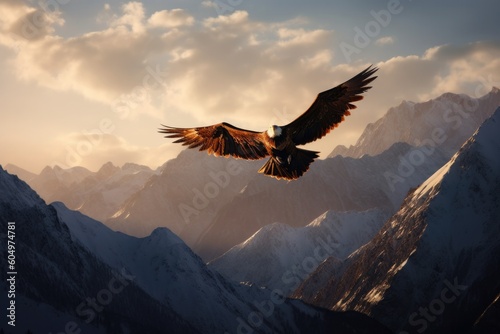 Majestic Eagle Soaring Above Snow-Covered Mountains
