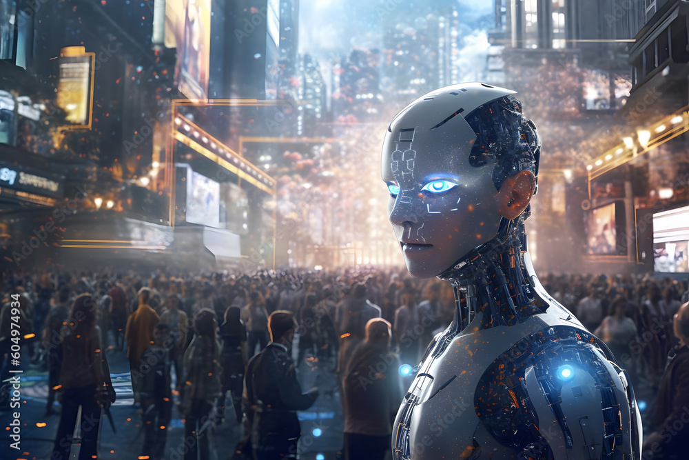Advanced human like robot looking back from a crowd in a futuristic city