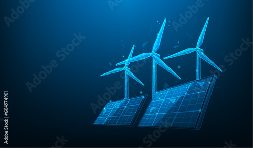 solar cell and wind turbine technology low poly wireframe on blue background. renewable energy sources digital concept. clean energy systems. vector illustration fantastic hi tech design.