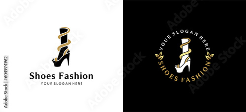 Fashion woman shoes logo design, high heel sandal vector with sexy woman legs silhouette