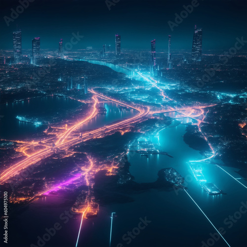 KI Generiert Nachtleuchten der Zukunft: Eine neongetränkte Metropole futuristisches Stadtlandschaftsbild bei Nacht mit leuchtenden Neonlichtern.