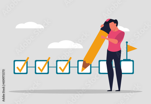 Track project goals, track company goals. Development and progress of the project, a man holds a pencil and marks the completed tasks. Vector illustration