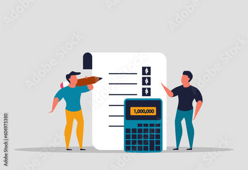 Calculate the project budget and estimate its cost. Necessary resources to complete the company's project. Invoice for payment, income tax, credit concept. Vector business illustration