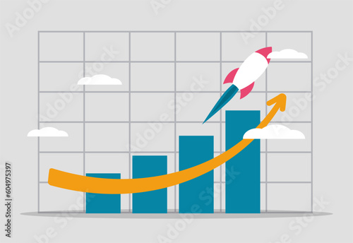 Exponential growth in company revenues and investments. Earnings graph is growing up. Sales increase, financial report. Business rocket flies up on the chart. Vector illustration concept