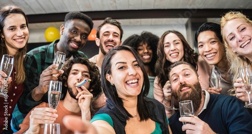 Multi ethnic friends having fun during birthday party - Young people looking camera during birthday party for group photo - Moroccan girl taking a selfie shoot with her smartphone
