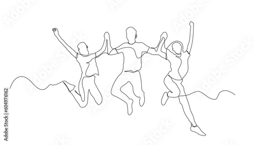 Continuous line drawing of jumping happy friends. Happy friends enjoying continuous line art design. happy teenagers jumping line art. happiness  freedom  motion  and people concept