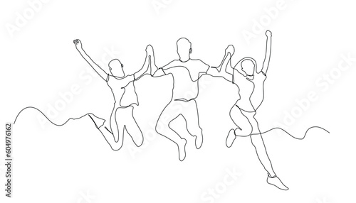 Continuous line drawing of jumping happy friends. Happy friends enjoying continuous line art design. happy teenagers jumping line art. happiness, freedom, motion, and people concept