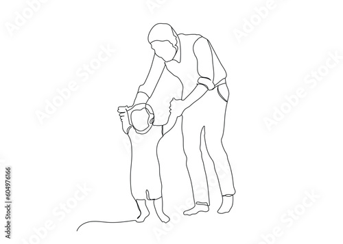 Father and son walking continuous line art drawing. Happy father holding his son single line vector.  Father s Day line art. Fatherhood concept line art.