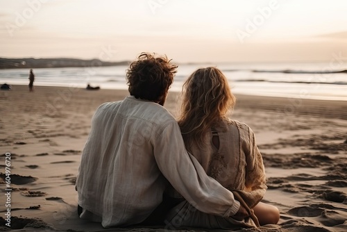 Couple embracing and sitting on beach (Ai generated)