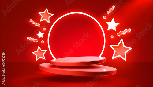 Star sign icon, scene mega sale, shopping podium banner, neon night pedestal. Vector illustration