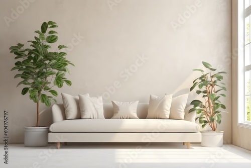Stylish apartment interior. Beige wall color, couch and plants. AI Generated © dark_blade