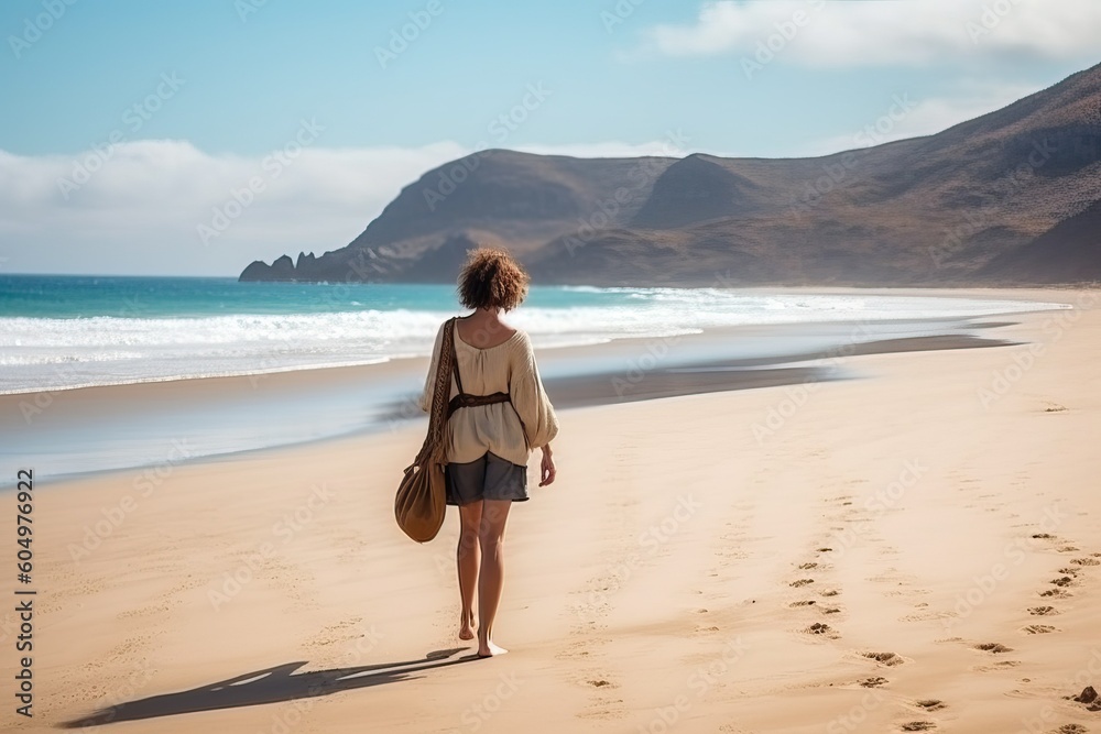 Traveler in summer beach, female tourist walking on sand (Ai generated)
