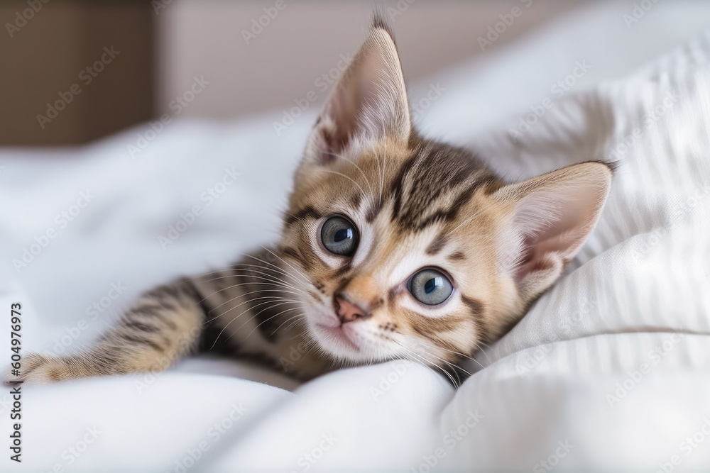 Cute little kitten lying on white blanket on bed. Generative AI.