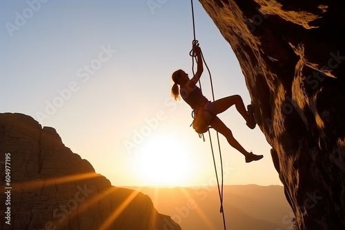 Rock climbing, Athletic woman climbs an overhanging rock (Ai generated)