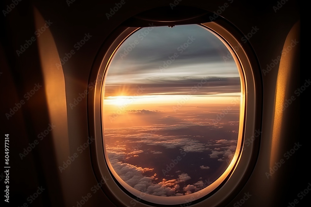 Aeroplan window, Beautiful scenic city view of sunset (Ai generated)