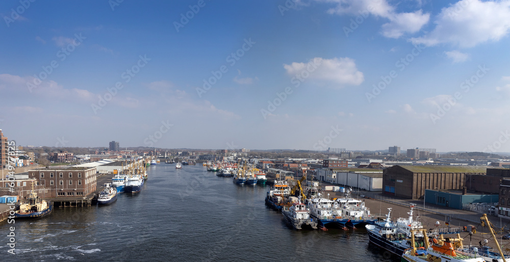Harbour of IJmuiden Netherlands. Ferry to England. Panorama. 