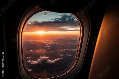 Aeroplan window  Beautiful scenic city view of sunset  Ai generated 