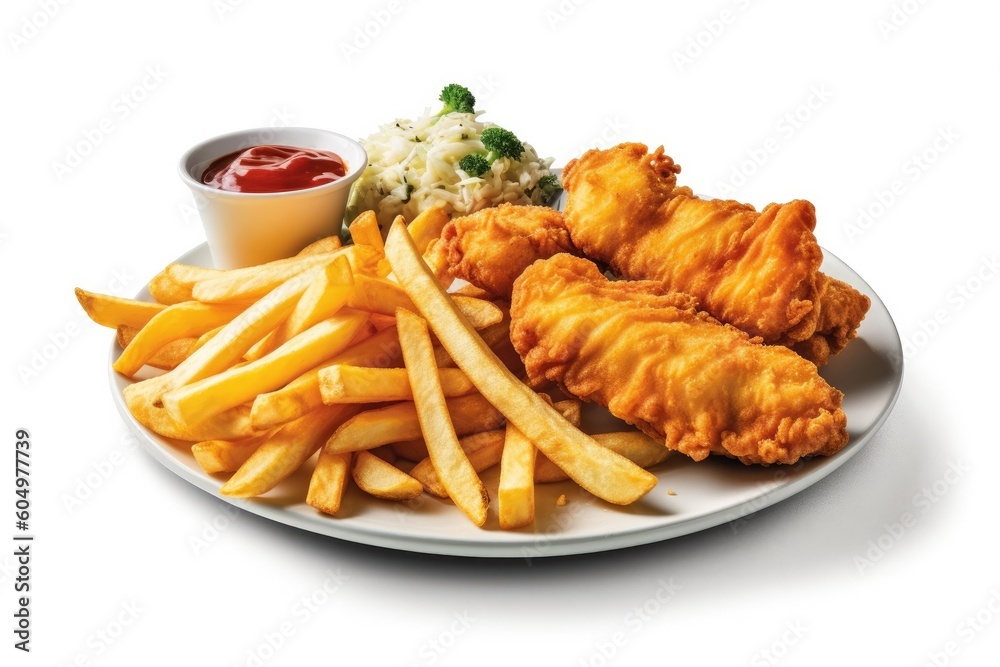 Delicious Plate of Fish and Chips on a White Background Generative AI Delicious Plate of Fish and Chips on a White Background Generative AI