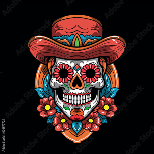 Skull with hat Dia de los Muertos, Day of the Dead. Vector illustration