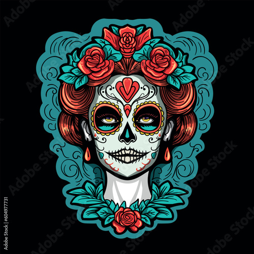 Vector illustration of Dia de los Muertos woman, Day of the Dead. 