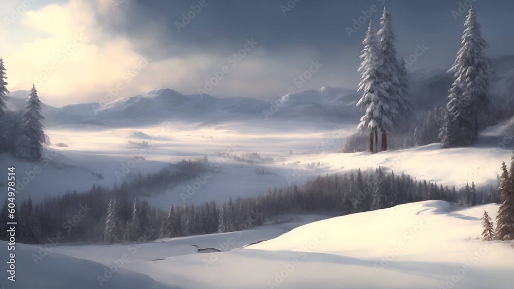 Winter landscape with snowy field and fir trees in cloudy weather, AI generation