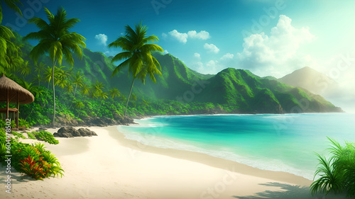 Luxurious tropical landscape with a beach by the sea in the morning at sunrise. Generation AI