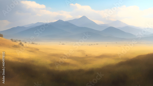A steppe covered with dry grass, a plain and mountains in the distance on a sunny day in the fall. AI generation