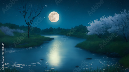 Spring landscape with a river in the valley, flowering trees against the starry sky at night, AI generation