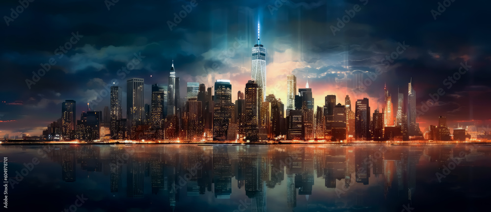 The Olympic city skyline in new York city at night, in the style of modern urban landscape, luminous reflections. Generative Ai Illustration.