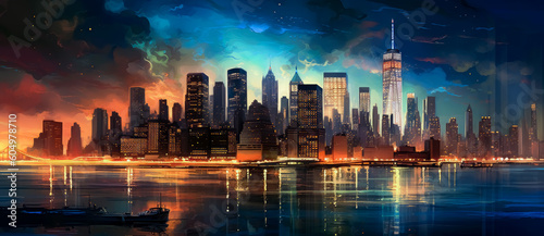 The Olympic city skyline in new York city at night, in the style of modern urban landscape, luminous reflections. Generative Ai Illustration.