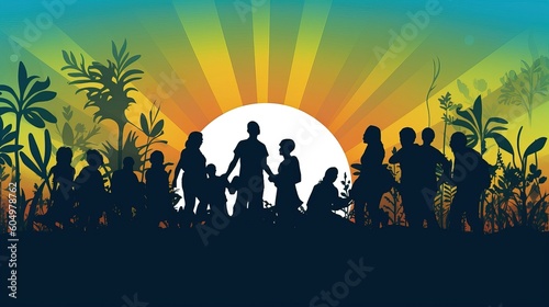 A vibrant community focused on regenerative practices. People of all ages are engaged in growing community awareness around sustainable living. Positive collective engagement concept. Generative AI.