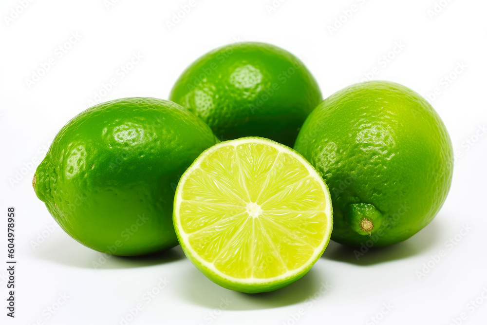 Fresh ripe limes isolated on white background. Generative AI. Fresh ripe limes isolated on white background. Generative AI.