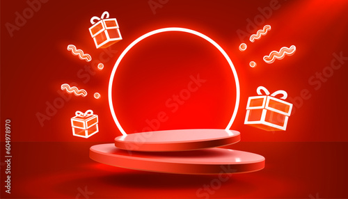 Gift scene mega sale, shopping podium banner, neon night pedestal. Vector illustration