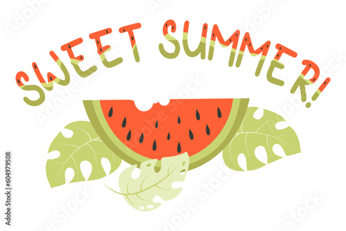 Sweet summer. Piece appetizing watermelon and words sweet summer with watermelon pattern. Vector illustration in flat style for design, decor. Cute conceptual summer card.