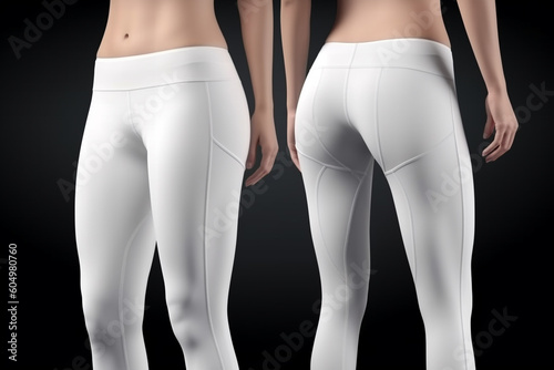 White woman sport yoga pants mockup on black background with copy space. Generative AI photo