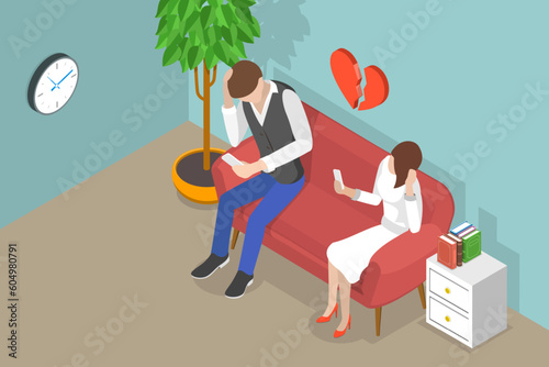 3D Isometric Flat Vector Conceptual Illustration of Family Breakup, Young Couple Relationships Problems