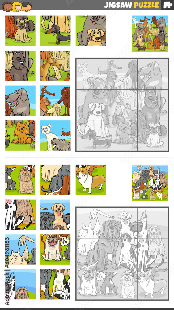 jigsaw puzzle activities set with cartoon purebred dogs