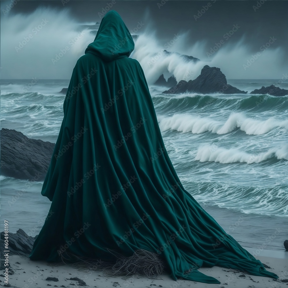 A mysterious figure in a hooded cloak stands on a windswept beach, the ...