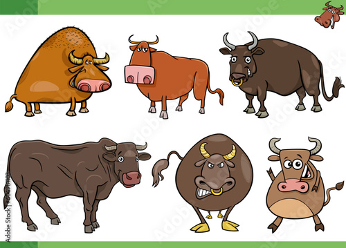 cartoon bulls farm animals comic characters set