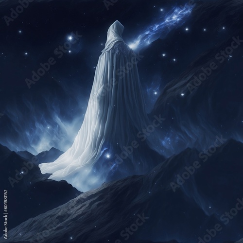 A figure draped in a shimmering white cloak stands on a hill, gazing up at the stars twinkling in the midnight blue sky. The cloak is adorned with intricate silver embroidery, and the figure seems to 