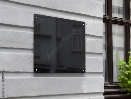 Blank black glass sign plate on textured wall mock up, logo mock up, building, logo display, glassy banner for shop or office entry. photo