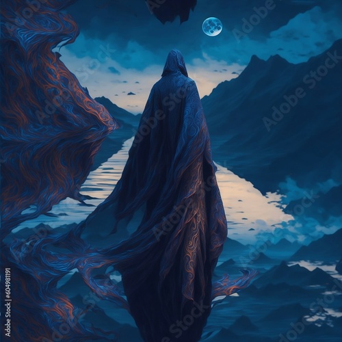 A figure in a cloak adorned with vibrant, swirling patterns stands at the edge of a lake, their gaze fixed on the water. The sky is a deep blue, and the moon shines brightly overhead.