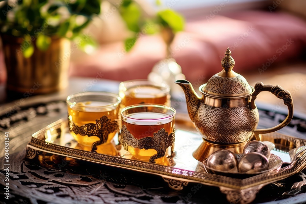Traditional Moroccan tea set with decorative teapot, glasses, and mint leaves, showcasing the artistry and hospitality of Moroccan tea culture. Generative AI Traditional Moroccan tea set with decorative teapot, glasses, and mint leaves, showcasing the artistry and hospitality of Moroccan tea culture. Generative AI
