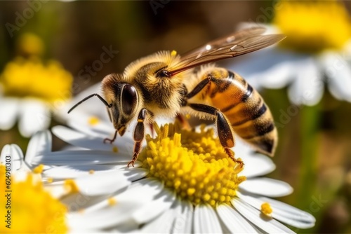 A macro shot of a bee collecting nectar from a chamomile flower, showcasing the symbiotic relationship between the flower and pollinators in nature. Generative AI photo