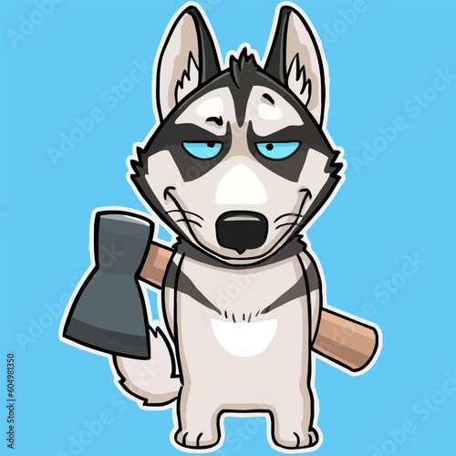 Cute french bulldog puppy giving brave face with ax on waist, dog face cartoon, vector illustration © mids