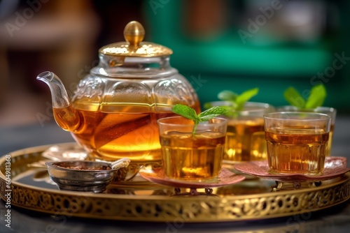 Traditional Moroccan tea set with decorative teapot, glasses, and mint leaves, showcasing the artistry and hospitality of Moroccan tea culture. Generative AI