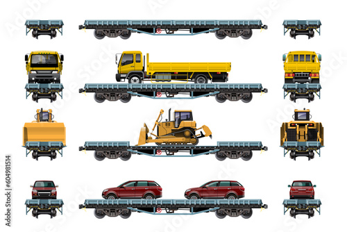 VECTOR EPS10 - various freight car, train cargo wagons, flatbed with truck