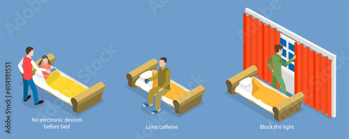 3D Isometric Flat Vector Conceptual Illustration of Sleep Hygiene, Insomnia Treatment and Healthy Sleeping Habits