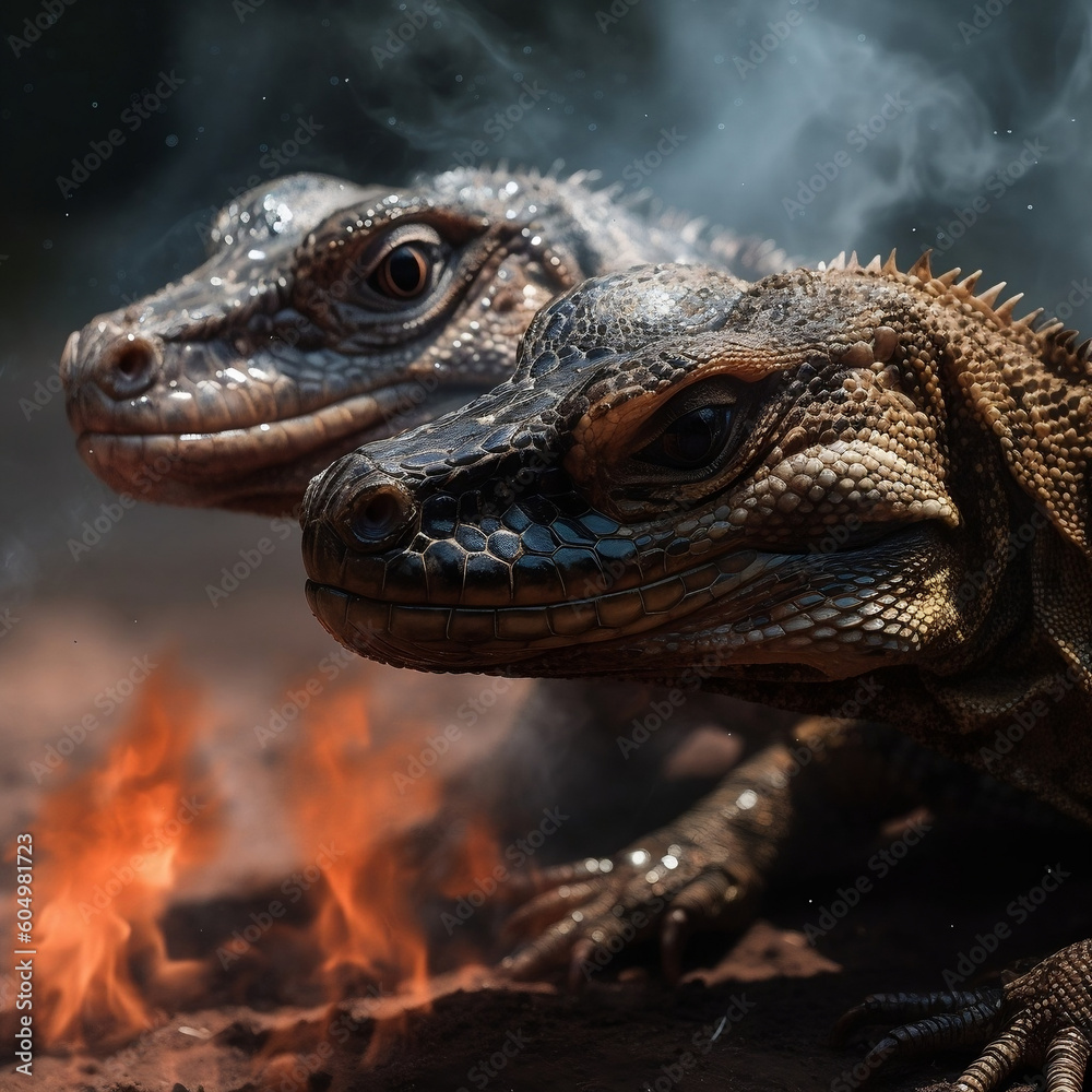 Fototapeta premium hyper realistic fire and ice komodo dragons super detailed