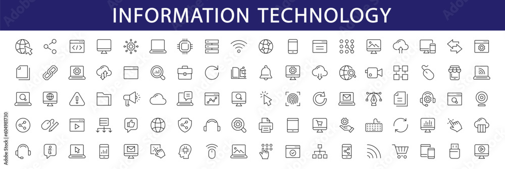 Information technology thin line icons set. Information Technology - IT editable stroke icon collection. Programming, Network, Website, Process, Internet, Data, Technology symbol. Vector - obrazy, fototapety, plakaty 